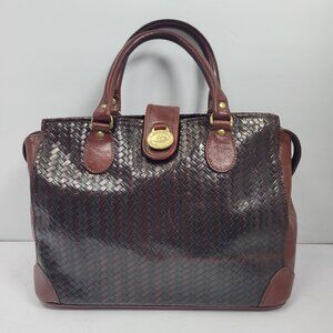 VTG Brahmin Women's Dark Brown Leather Basket Woven Handbag Made in USA